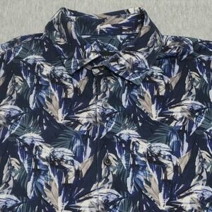 Bugatchi OoohCotton Tech Mens Large Cobalt Blue Tropical Palm Leaf Shirt